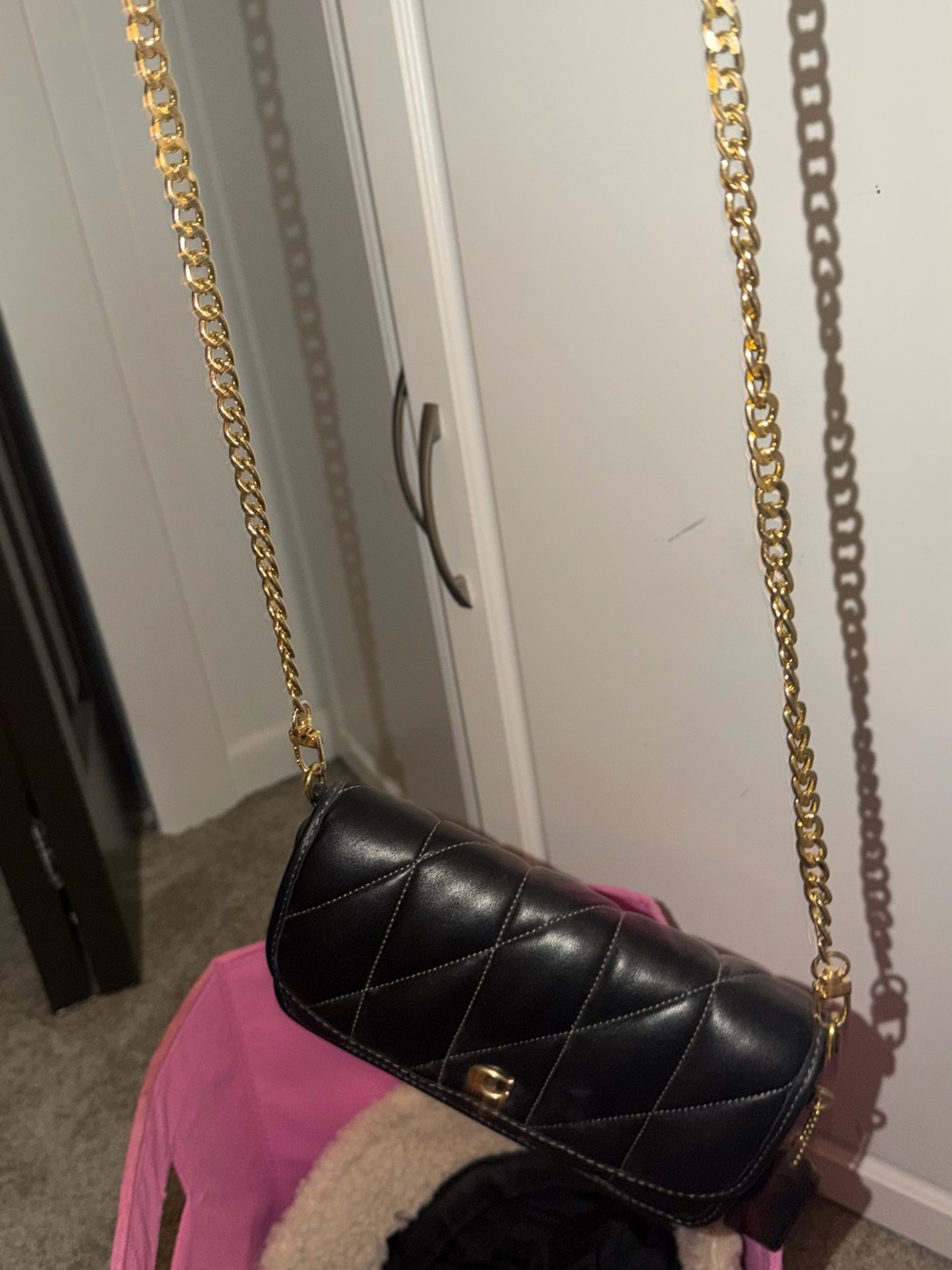 Coach Black Quilted Crossbody with Gold Chain